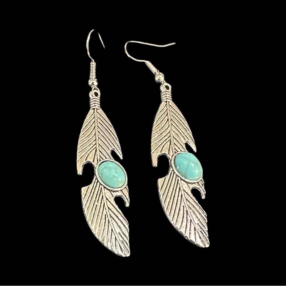 Feather Shaped Silver Tone Earrings With Turquoise Colored Accents Boho Style
